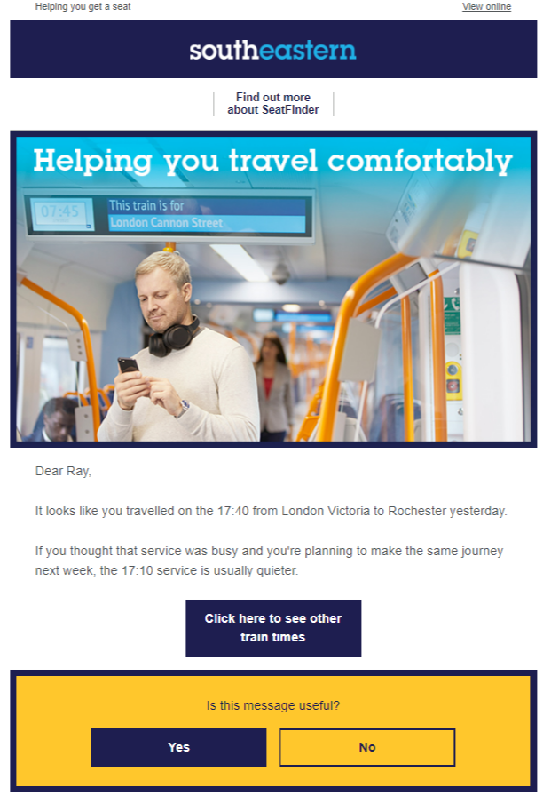 An example of a SeatFinder Plus email from Southeastern