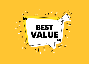 Speech bubble saying 'Best value' in large letters with a megaphone