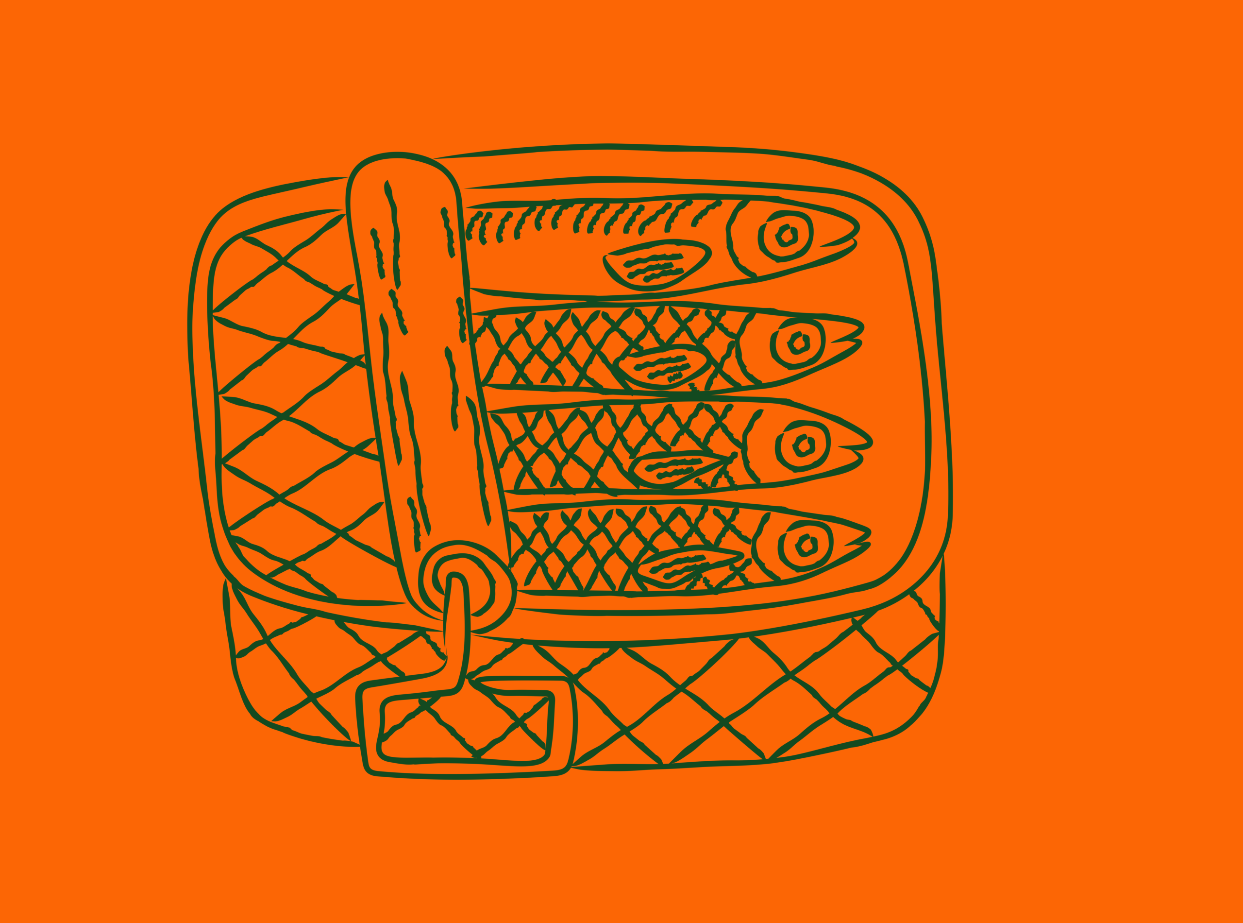 A hand-drawn illustration of a tin of sardines with the lid peeled back